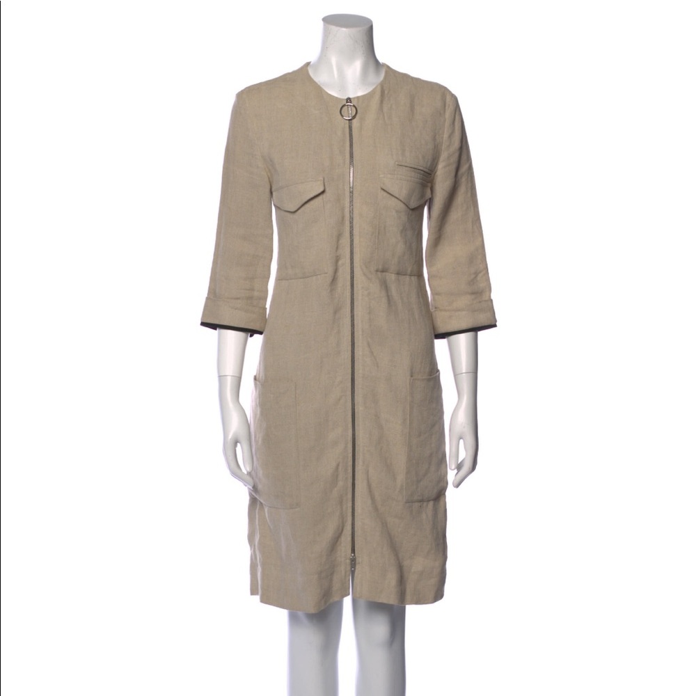 Celine 3/4 Sleeve Zipped Beige Linen Dress
